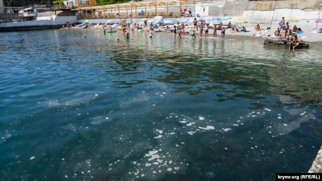 В морской воде на пляже «Спутник» в Гурзуфе плавает мусор и мелкие медузы