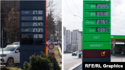 Diferența de prețuri la carburanți la 5 zile distanță. Stânga - 13 martie, dreapta - 18 martie 2026. Benzina cu cifra octanică 95 s-a scumpit cu 1,38 lei, iar motorina - cu peste doi lei.