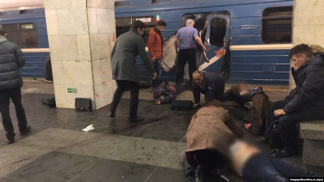 The blast reportedly tore through a subway train between the Tekhnologichesky Institut and Sennaya Ploshchad stations in central St. Petersburg.
