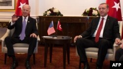 U.S. Vice President Joe Biden (left) attends a meeting with President Recep Tayyip Erdogan of Turkey on the sidelines of the nuclear summit in Washington, D.C., in March.