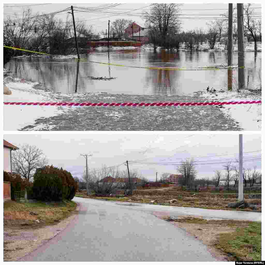 Një rrugë e përmbytur në Kuzmin kishte pamundësuar kalimin gjatë janarit pas shirave disaditorë.Tri javë më vonë, siç shihet në fotografinë poshtë, rruga është e hapur për qarkullim.