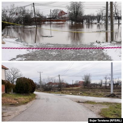 Një rrugë e përmbytur në Kuzmin kishte pamundësuar kalimin gjatë janarit pas shirave disaditorë.Tri javë më vonë, siç shihet në fotografinë poshtë, rruga është e hapur për qarkullim.