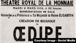 Afișul premierei lui Oedipe la Teatrul de la Monnaie la Bruxelles în 1956