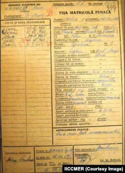 Niculina Moica – fișa matricolă din închisoare.