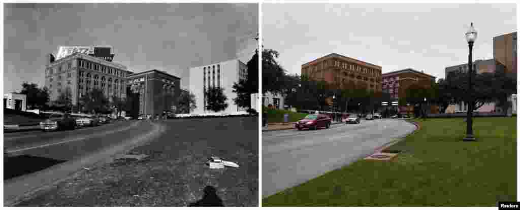 Left photo: Cars traveling on the road past the Texas School Book Depository in Dallas (now the Sixth Floor Museum) in Dealey Plaza on November 22, 1963. Right photo: The same place photographed on November 10, 2013.