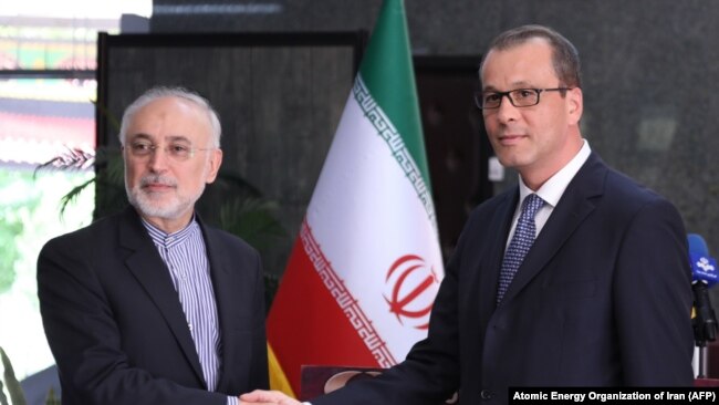 Ali Akbar Salehi (L) shakes hands with Acting Director General of the International Atomic Energy Agency (IAEA) Cornel Feruta during their meeting in Tehran, September 8, 2019