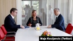 Pamje nga takimi i fundit ndërmjet presidentit të Kosovës, Hashim Thaçi dhe atij të Serbisë, Aleksandar Vuçiq me shefen e BE-së, Federica Mogherini.