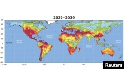 World -- Handout image of a map showing the extent to which drought conditions may increase between 2030 and 2039, in a study by National Center for Atmospheric Research (NCAR) scientist Aiguo Dai, released 19Oct2010