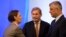 Serbian Prime Minister Ana Brnabic (left) speaks with Kosovar President Hashim Thaci (right) and EU Enlargement Commissioner Johannes Hahn, during a meeting in Sofia last month. 