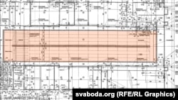 Фрагмэнт праектнай дакумэнтацыі, на якім пазначаная стралковая галерэя плошчай 597,8 м² і даўжынёй каля 56 мэтраў на падземным ўзроўні блёку А.