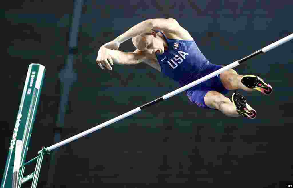 Sam Kendricks of the United States competes in the men&#39;s pole vault final, in which he took bronze.