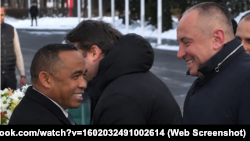 Madagascar President Michael Randrianirina (left) greets Major General Andrei Averyanov, a top officer in Russia's military intelligence agency, in Madagascar on February 18.
