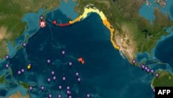 აშშ-ის ოკეანისა და ატმოსფეროს კვლევის ეროვნული სააგენტოს მიერ მონიშნული ადგილები, სადაც ცუნამის სხვადასხვა დონის საფრთხე არსებობს კამჩატკაზე 30 ივლისს მომხდარი მიწისძვრის შემდეგ