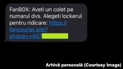 Linkul pretins ca venind din partea FAN Courier conține erori: de exemplu, litere/cifre înlocuite, iar numele firmei apare scris greșit.