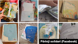 Colaj din poze plasate pe pagina de Facebook „Părinți solidari” cu imagini ale manualelor deteriorate.