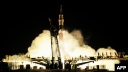 The Russian Soyuz MS-03 spacecraft blasts off from the Baikonur cosmodrome on November 18.