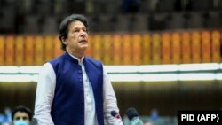 Pakistani Prime Minister Imran Khan speaks during the National Assembly session in Islamabad on June 25.