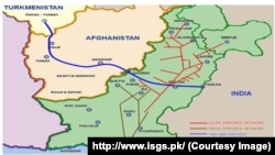 Türkmenistan-Owganystan-Pakistan-Hindistan (TOPH) gaz geçirijisiniň geçýän ýolunyň kartasy 