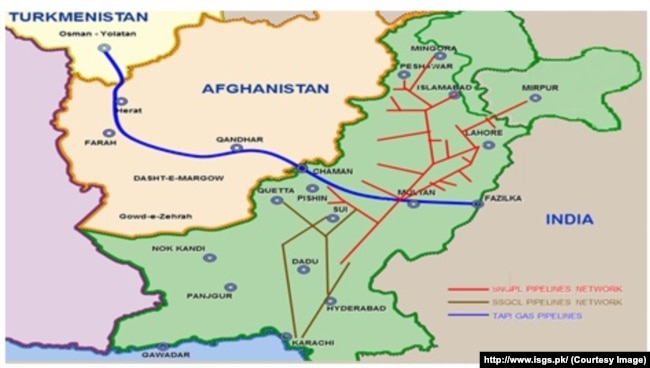 A map of the region with the planned TAPI pipeline marked in blue.