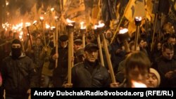 Ukrainian nationalists march in Kyiv on October 14.