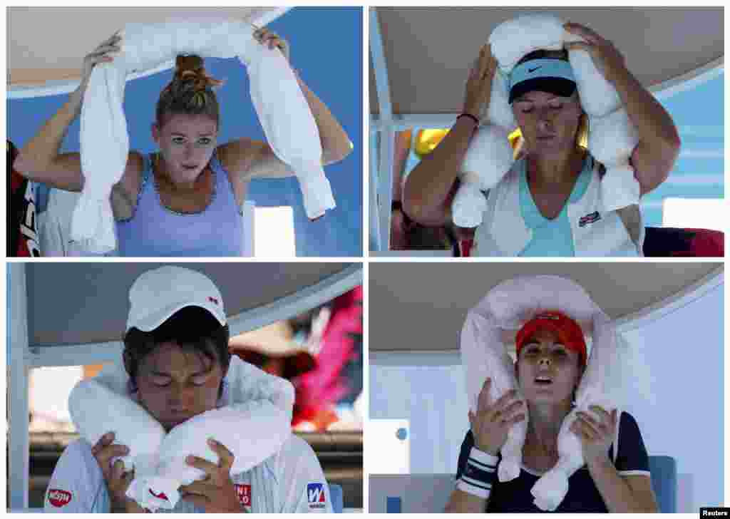 Camila Giorgi, Italija, Maria Šarapova, Rusija, Kei Nishikori, Japan, Alize Cornet, Francuska, rashlađuju se ledom za vrijeme kratkih meč predaha, Melbourne, 16. januar 2014. Foto: REUTERS / Bobby Yip / David Gray / Petar Kujundzic /Bobby Yip