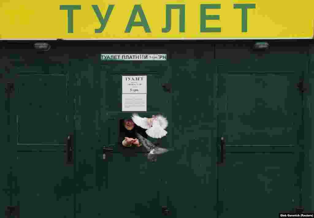 An attendant at a public toilet in central Kyiv feeds the pigeons as she waits for customers. (Reuters/Gleb Garanich)