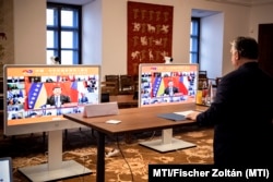 Hungarian Prime Minister Viktor Orban takes part in a summit between China and Central and Eastern European countries via video conference from his Budapest office on Febraury 9.