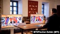 Viktor Orban at a summit between China and Central and Eastern European countries via video conference from his Budapest office on February 9.