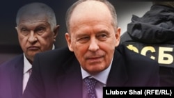 Коллаж: директор ФСБ Александр Бортников (на переднем плане) и глава «Роснефти» Игорь Сечин (на заднем плане слева).