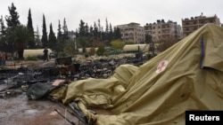 The remains of a Russian bombed-out military field hospital in Aleppo where two medics were killed