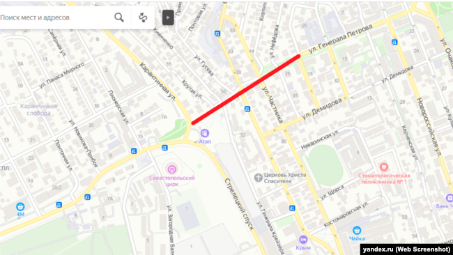 Проекция вероятной трассы тоннеля на Яндекс-карте