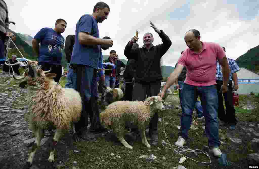 Georgia -- An elder (C) blesses sacrificial sheep during the religious holiday 'Lomisoba' in the village of Mleta north of Tbilisi, June 11, 2014. The holiday, which is a mix of pagan and Christian traditions, is celebrated annually by residents of the Ea