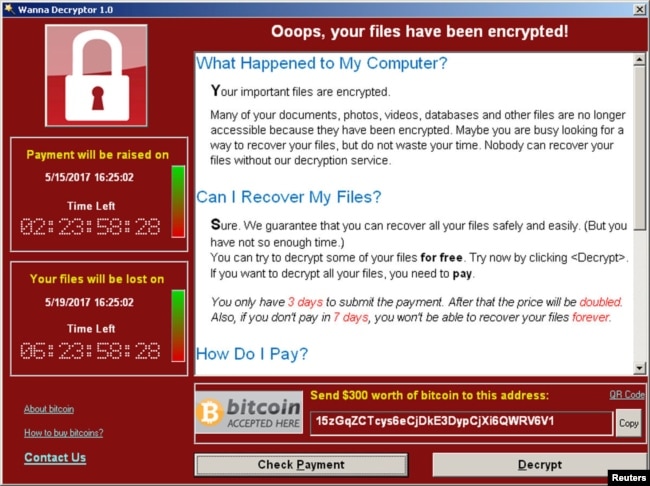 Экран компьютера, зараженного вымогателем WannaCry