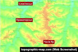 Слов'янськ, Краматорськ, Часів Яр та Костянтинівка на топографічній мапі