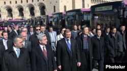 Armenia - President Serzh Sarkisian and Yerevan Mayor Taron Markarian attend the launching of new Chinese buses in Yerevan's Republic Square, 24Mar2012