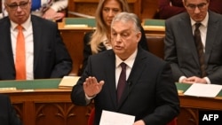 Hungarian Prime Minister Viktor Orban speaks in parliament in Budapest on February 23.