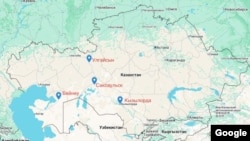 Города Кызылорда, Саксаульск, Улгайсын и Бейнеу на карте. Фото Google Maps