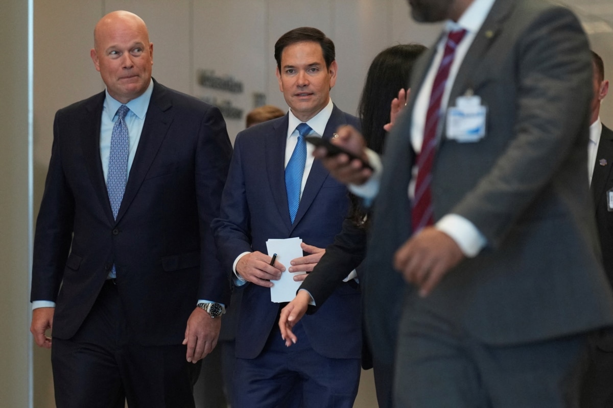 US Ambassador to NATO Matthew Whitaker (left) and US Secretary of State Marco Rubio (right) at alliance headquarters in Brussels, Belgium, April 3, 2025