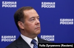 Dmitry Medvedev attends a meeting via a video conference in Moscow in June 2021.