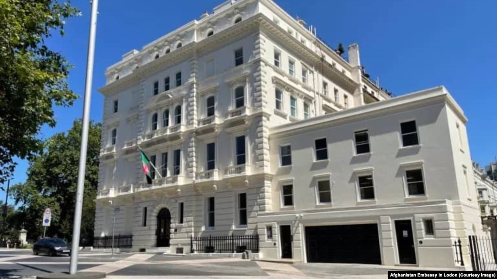 Afghanistan's embassy in London. Afghan embassies in many nations continued to operate with diplomatic staff loyal to the previous government despite the Taliban takeover at home, angering the de facto rulers.