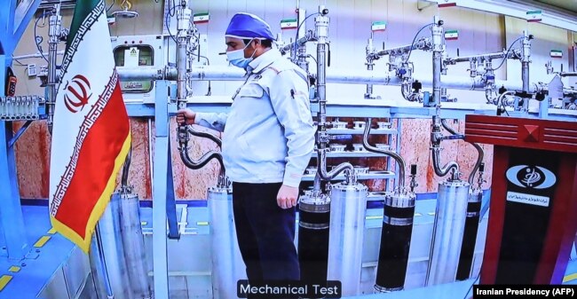 An engineer inside Iran's Natanz uranium enrichment plant during a ceremony to mark Iran's National Nuclear Technology Day on April 10.