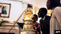 Роберт Мугабе с тортом на фоне своего портрета в день 92-летия