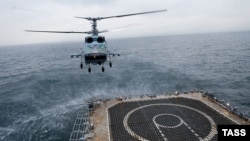 A Kamov Ka-29 assault transport helicopter is tested by the Russian Navy in the Baltic Sea.