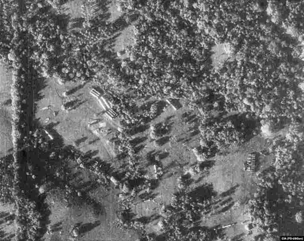 A CIA reconnaissance photo shows evidence of missile assembly in Cuba -- missile transporters and missile-ready tents. Khrushchev's plans to place Soviet nuclear weapons in Cuba were seen as bringing the world to the brink of nuclear war.