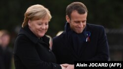 Angela Merkel și Emmanuel Macron la Compiegne, Franța, 10 noiembrie 2018