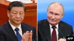 Colaj cu președintele Chinei Xi Jinping (stânga), la congresul Partidului Comunist Chinez, în marea sală a poporului din Beijing, pe 10 martie 2024. În dreapta, imagine a președintelui rus Vladimir Putin, cu comandanții războiului dus de Rusia în Ucraina, pe 7 mai 2024.
