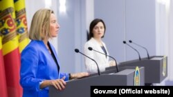 Şefa politicii externe europene, Federica Mogherini, şi şefa Guvenului de la Chişinău Maia Sandu. 3 octombrie 2019