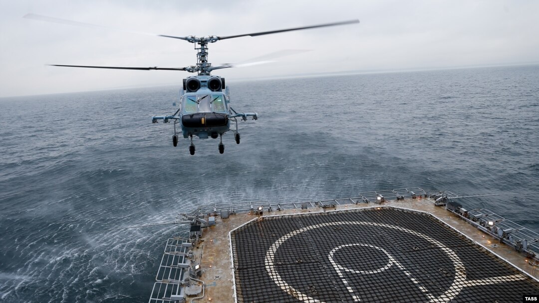A Kamov Ka-29 assault transport helicopter is tested by the Russian Navy in the Baltic Sea.