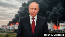 Коллаж: Владимир Путин на фоне горящего НПЗ в Славянске-на-Кубани