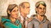 Портрет из зала суда троих граждан Узбекистана Дильхаёта Касымова, Абдурасула Джурабаева (справа) и Аброра Хабибова, задержанных по подозрению в оказании поддержки ИГИЛ. 25 февраля 2015 года, Нью-Йорк.